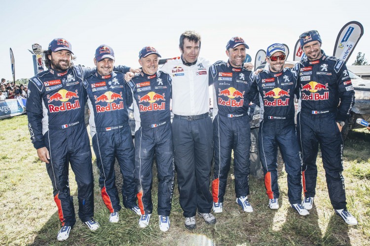 Team Peugeot Total crews at finish line of stage 13 of Rally Dakar 2016 from Villa Carlos Paz to Rosario, Argentina on January 16, 2016.