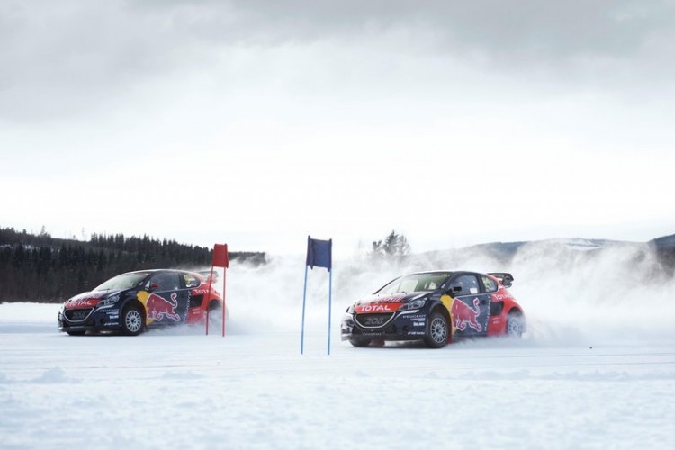 Sebastien Loeb and Timmy Hansen perform in the parallel slalom at Rallycross on Ice 2016 in Åre, Sweden on March 16, 2016.
