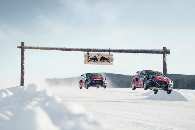 Sebastien Loeb and Timmy Hansen jump at Rallycross on Ice 2016 in Åre, Sweden on March 16, 2016.