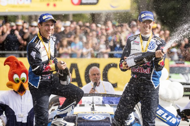 Sebastien Ogier (FRA), Julien Ingrassia celebrate the podium during FIA World Rally Championship 2016 Spain in Salou , Spain on 16 October 2016