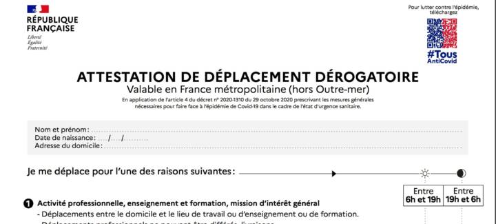 nouvelle attestation de déplacement dérogatoire en ligne