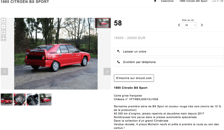 Citroën BX youngtimer vente aux enchères Aguttes