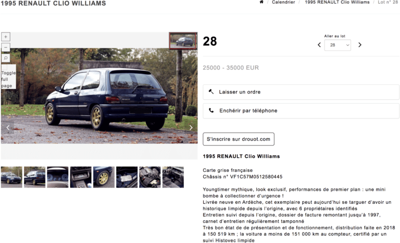 Renault Clio Williams youngtimer vente aux enchères Aguttes