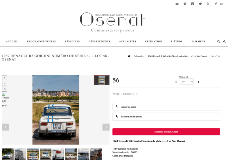 Renault 8 Gordini vente aux enchères Osenat