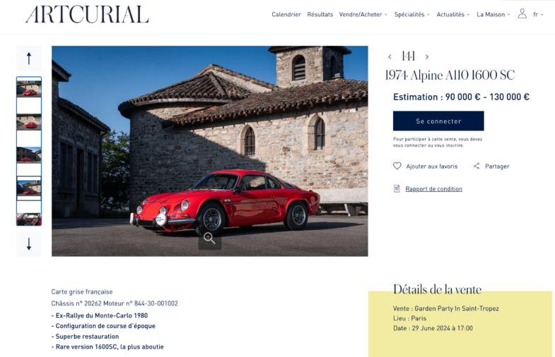 Alpine A110 1600 SC Artcurial Motorcars Garden Party Saint-Tropez