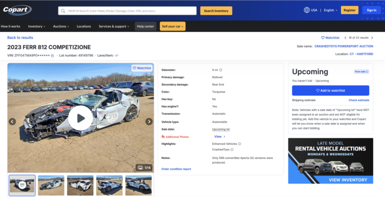 épave Ferrari 812 Competizione Copart