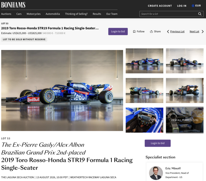 Toro Rosso‑Honda STR19 Pierre Gasly GP du Brésil 2019 podium F1 Bonhams