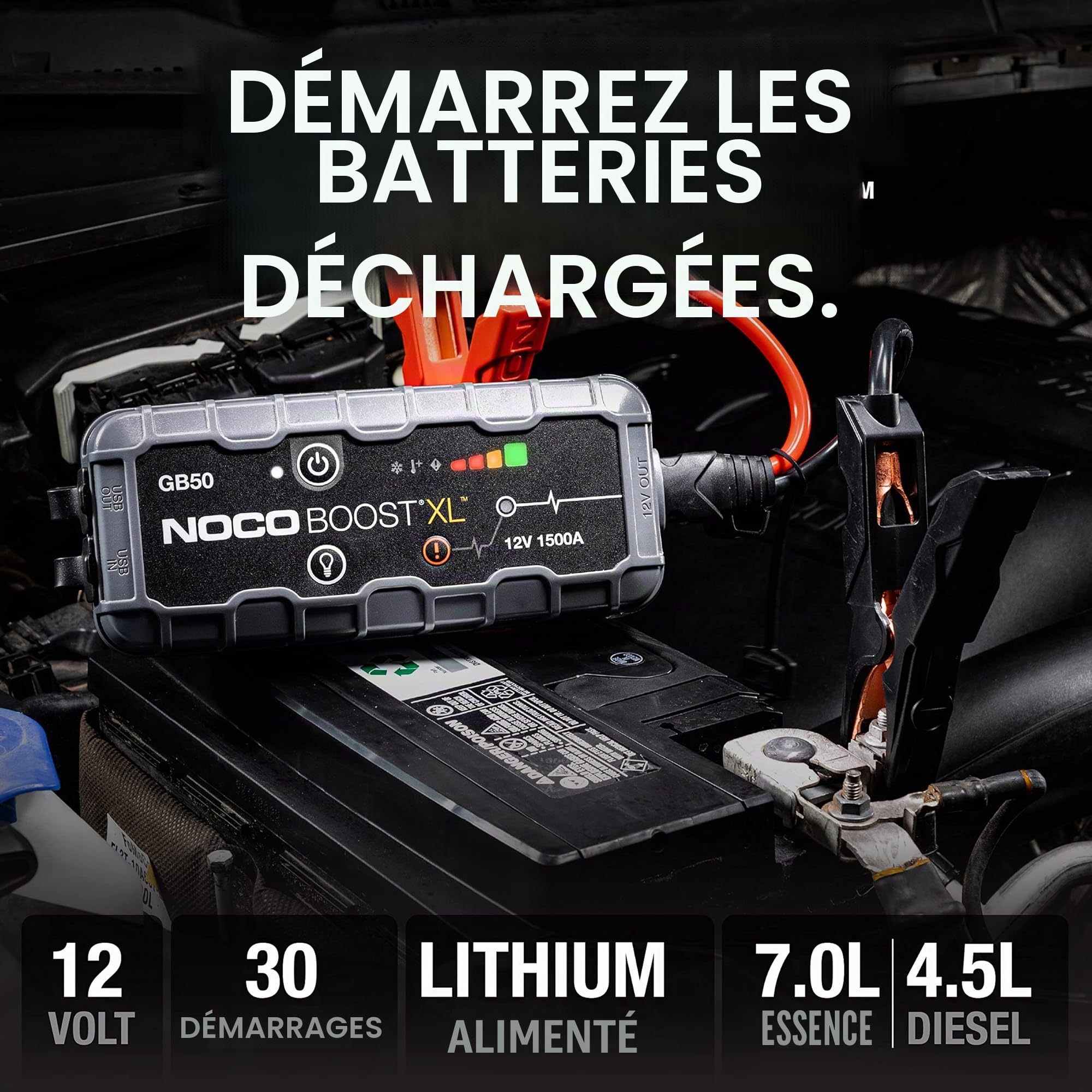 Booster batterie lithium NOCO Boost GB50 avec pinces de démarrage – vue 2