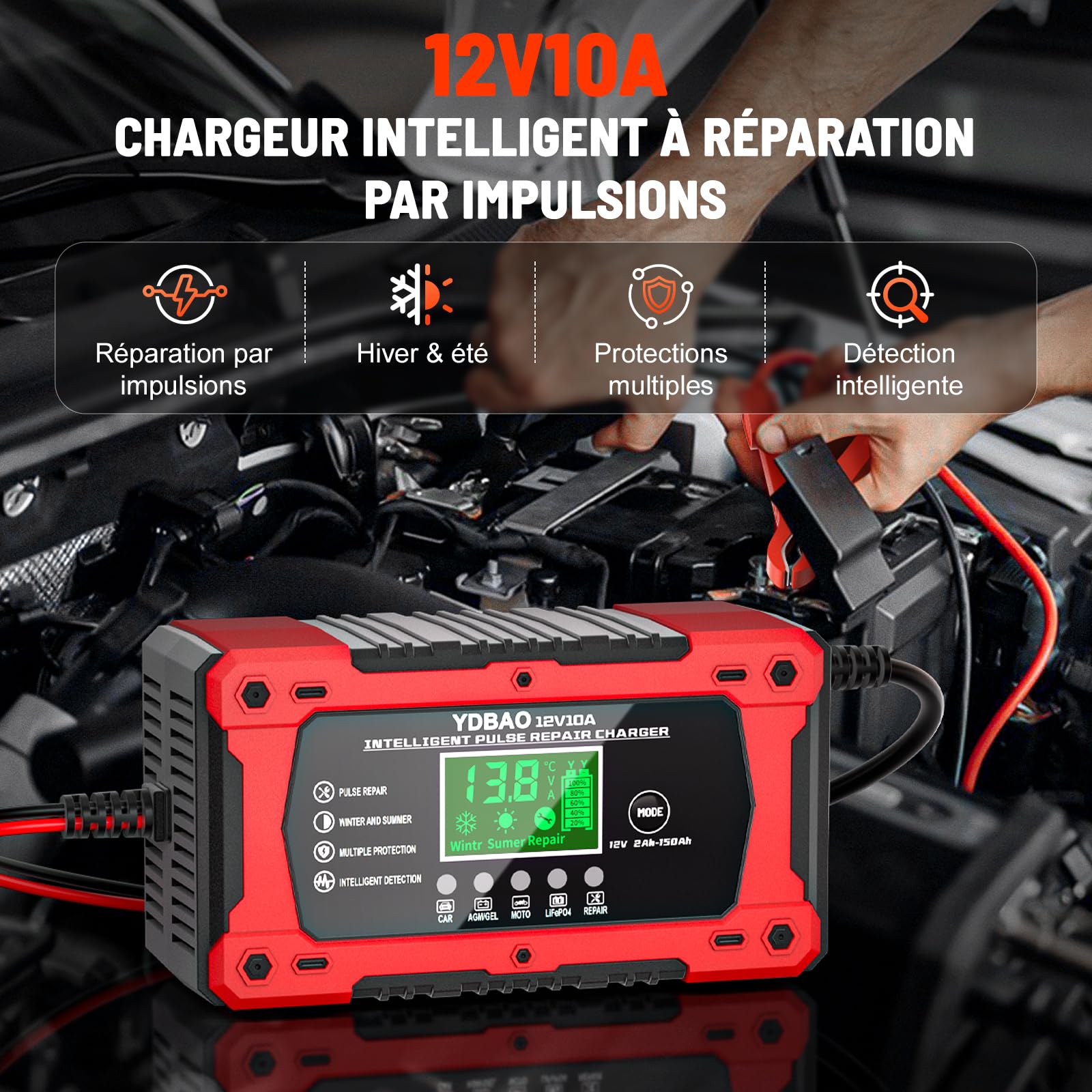 Chargeur batterie voiture 12V YDBAO rouge avec écran LCD – vue 2