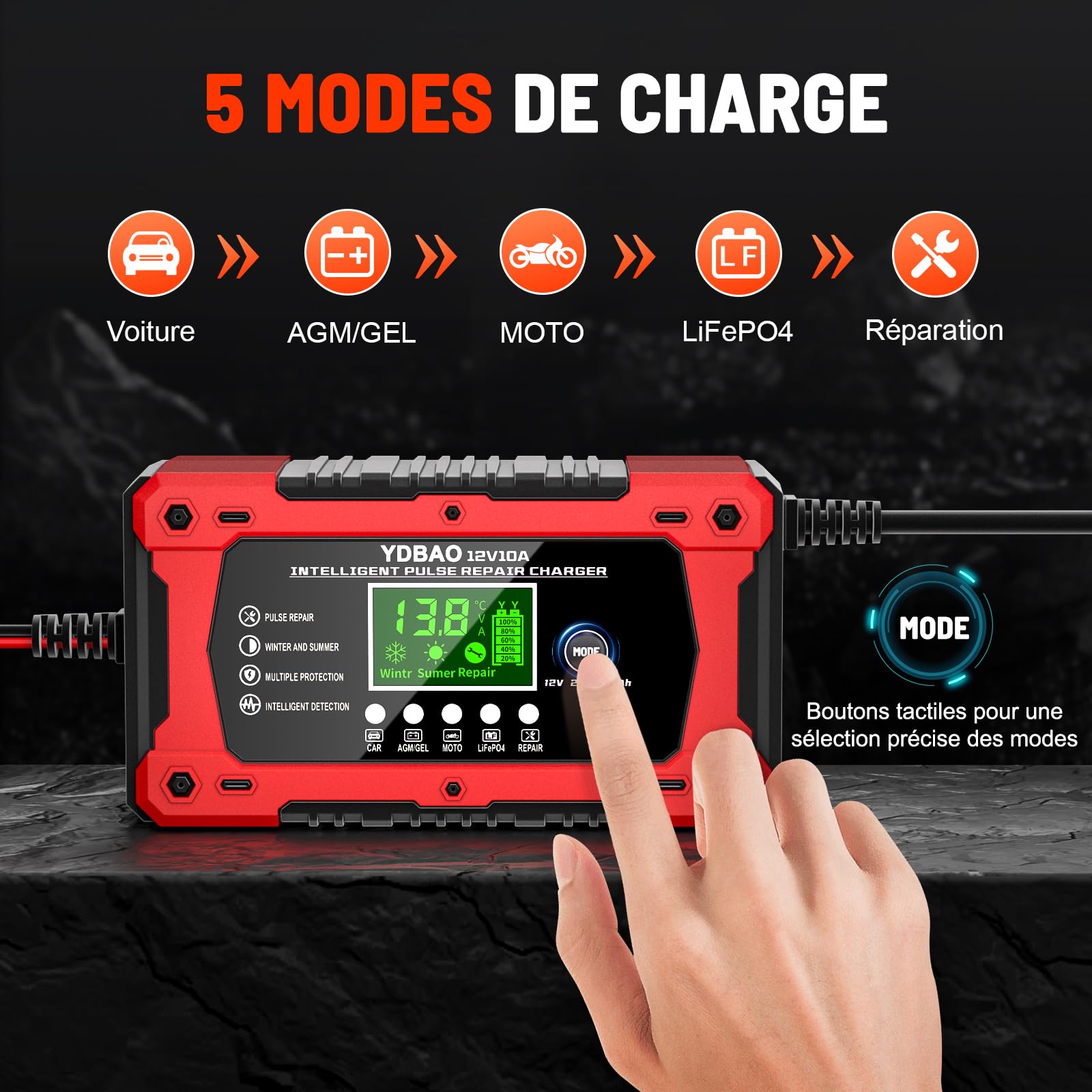 Chargeur batterie voiture 12V YDBAO rouge avec écran LCD – vue 3