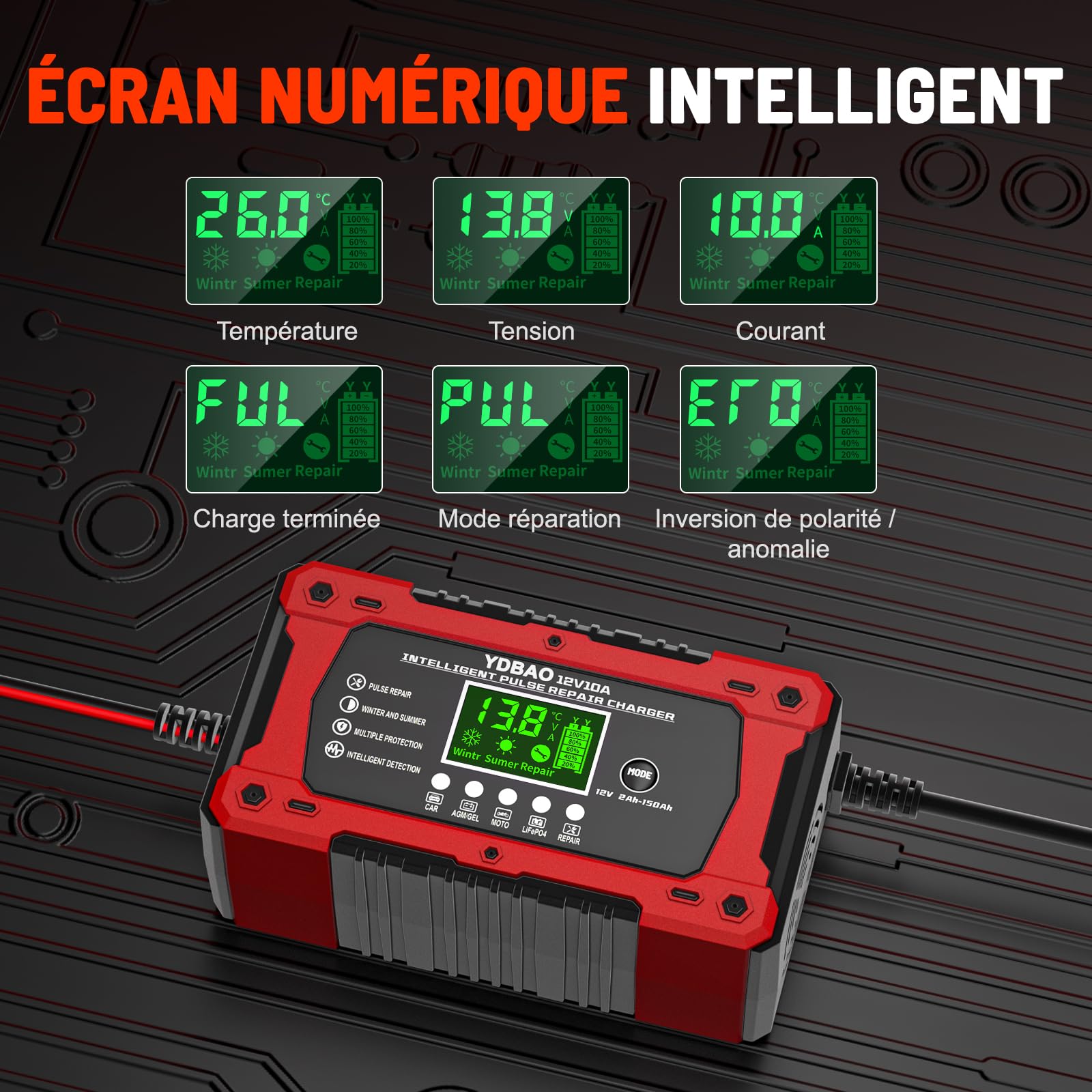 Chargeur batterie voiture 12V YDBAO rouge avec écran LCD – vue 4