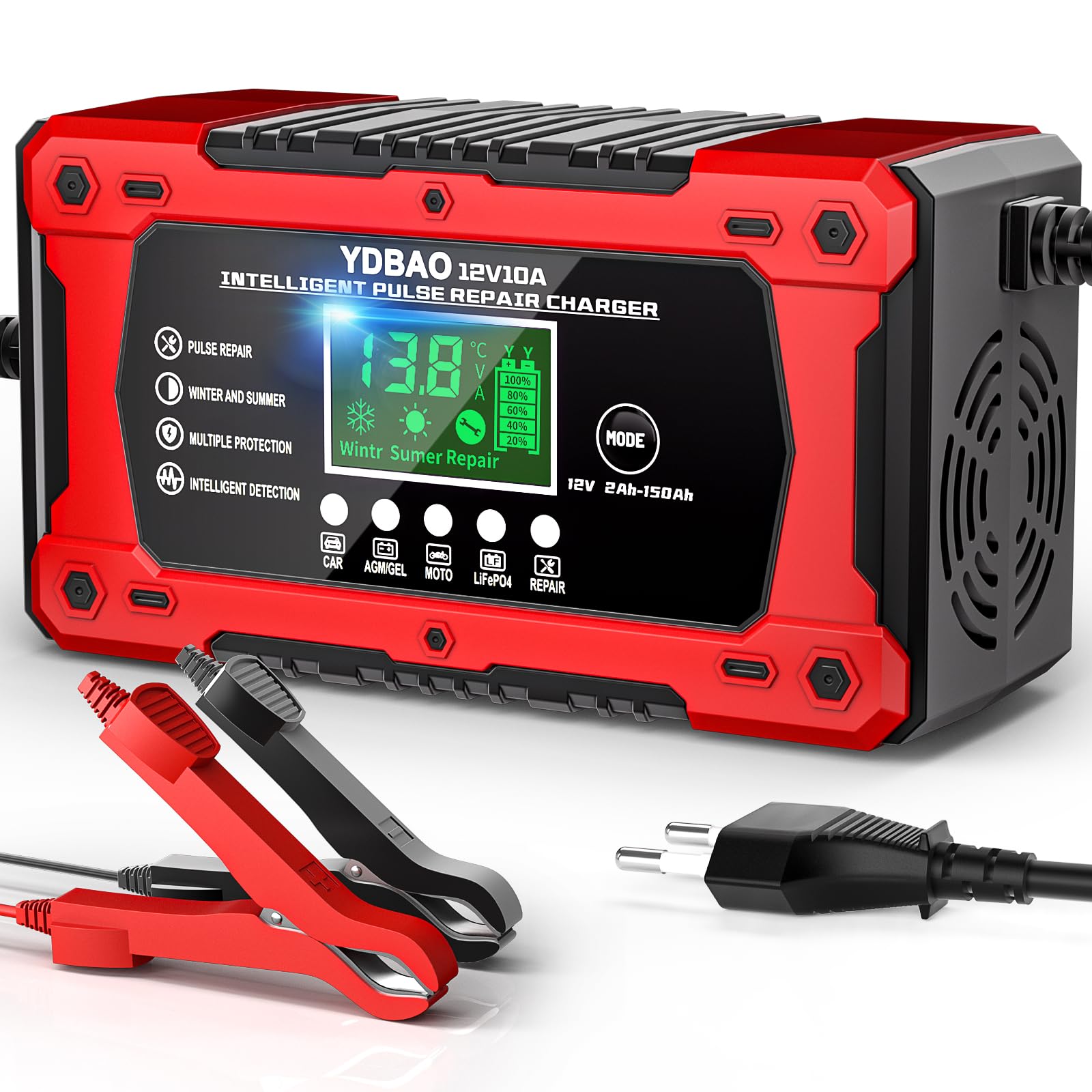 Chargeur batterie voiture 12V YDBAO rouge avec écran LCD