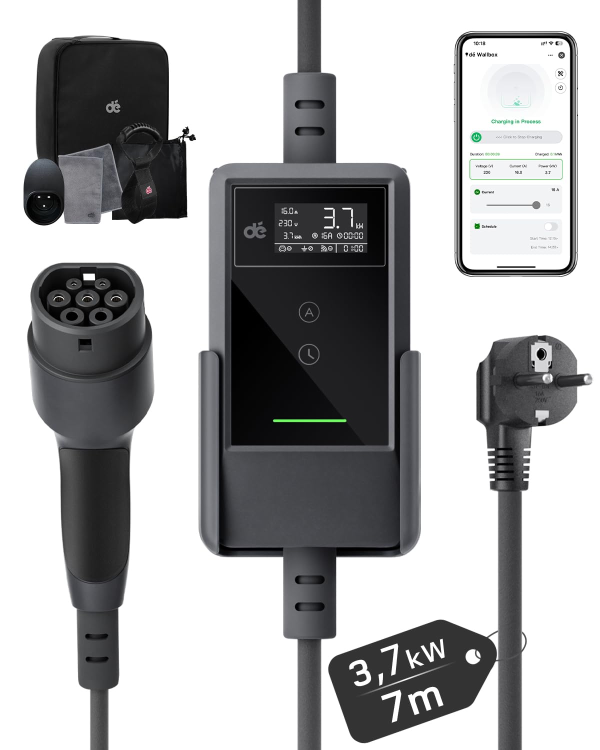 Chargeur voiture electrique Type 2 dé 3,7 kW avec câble 7 mètres