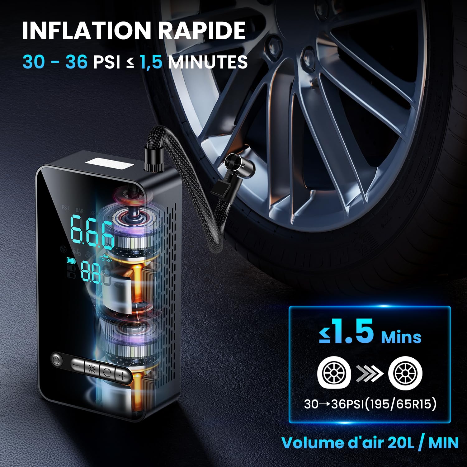 Gonfleur pneu sans fil Ipflin noir compact avec écran numérique – vue 2