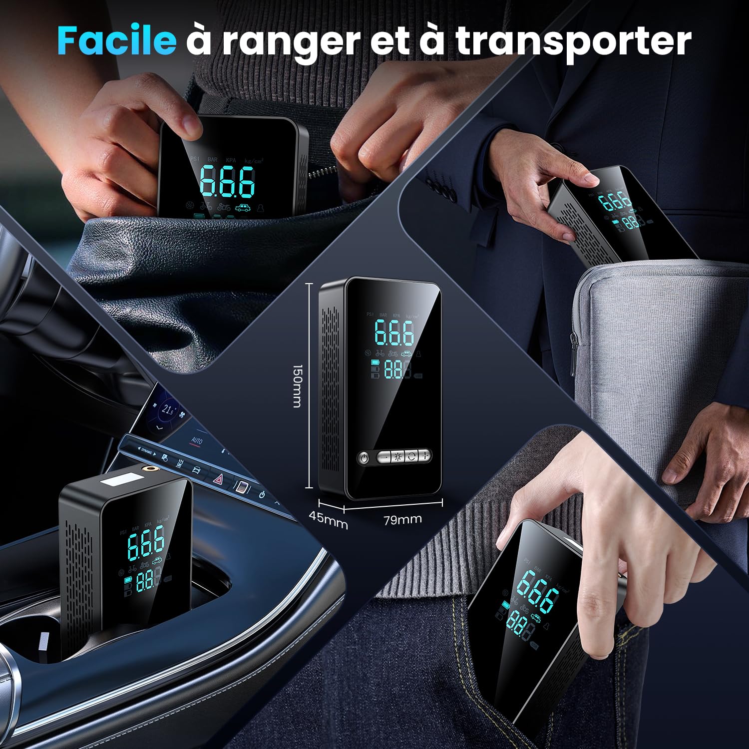 Gonfleur pneu sans fil Ipflin noir compact avec écran numérique – vue 3