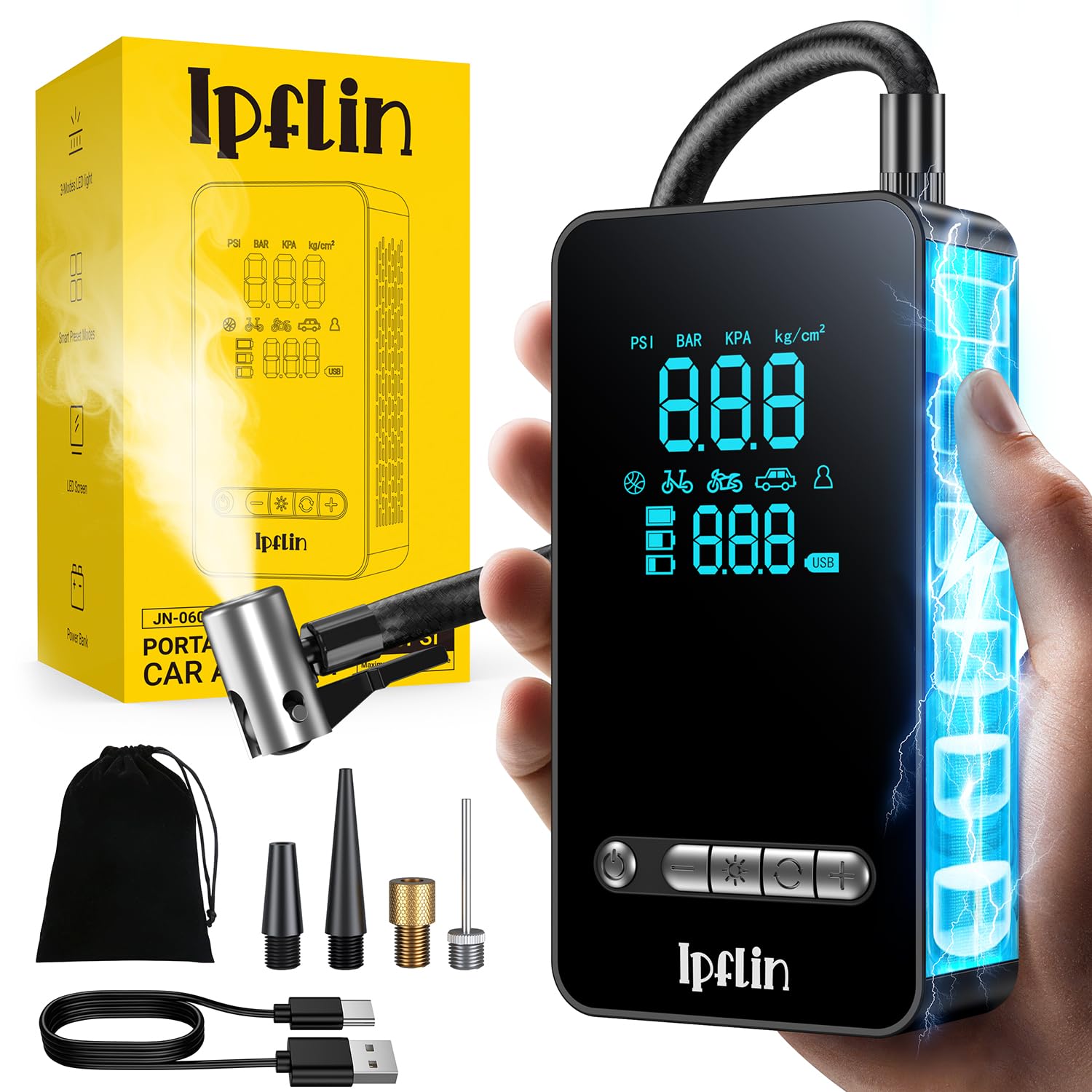 Gonfleur pneu sans fil Ipflin noir compact avec écran numérique