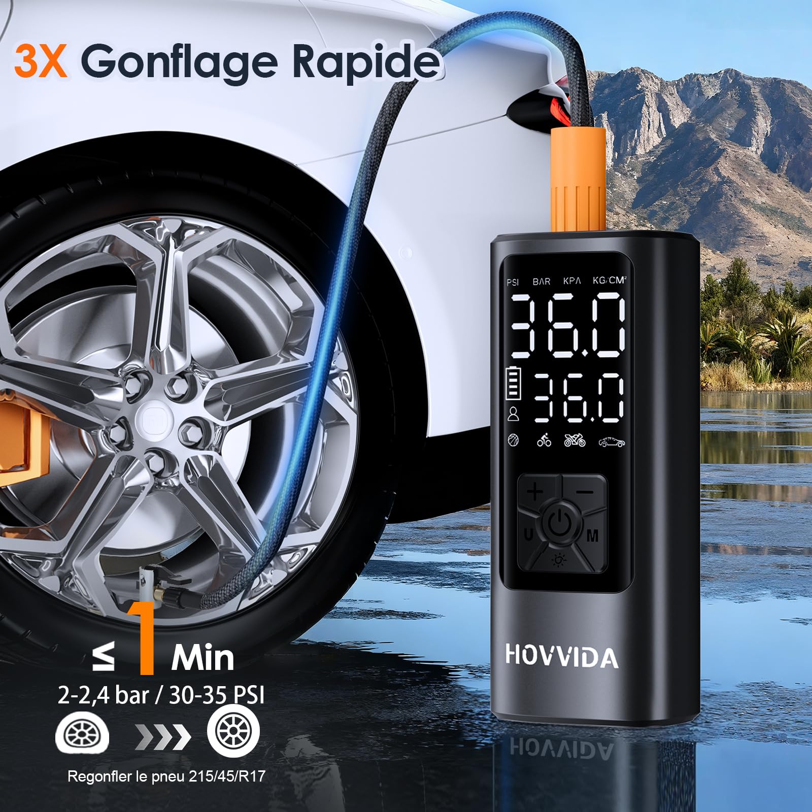 Gonfleur pneu voiture sans fil HOVVIDA avec écran digital et LED – vue 2