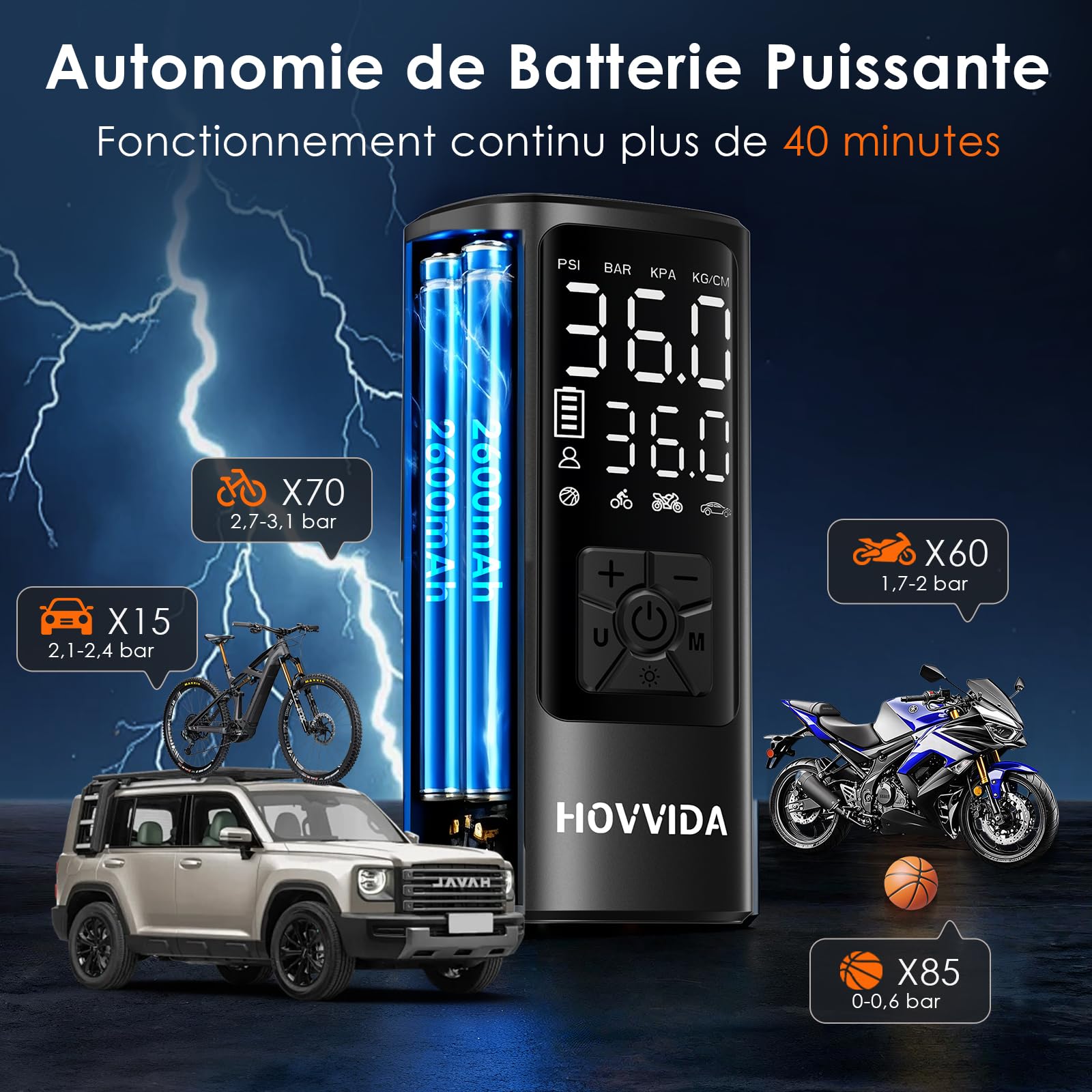 Gonfleur pneu voiture sans fil HOVVIDA avec écran digital et LED – vue 4