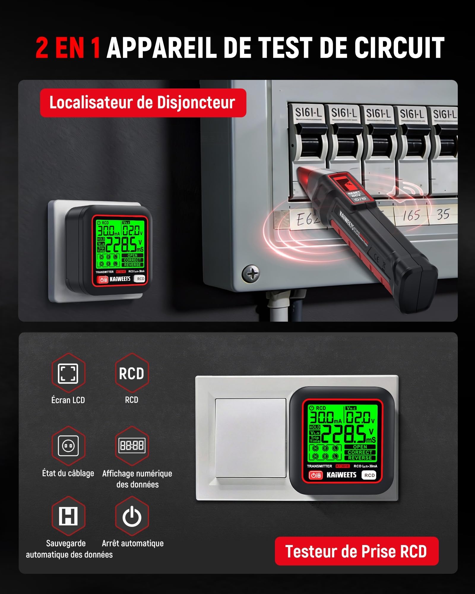 Localisateur de disjoncteur KAIWEETS avec écran LCD rétroéclairé – vue 2