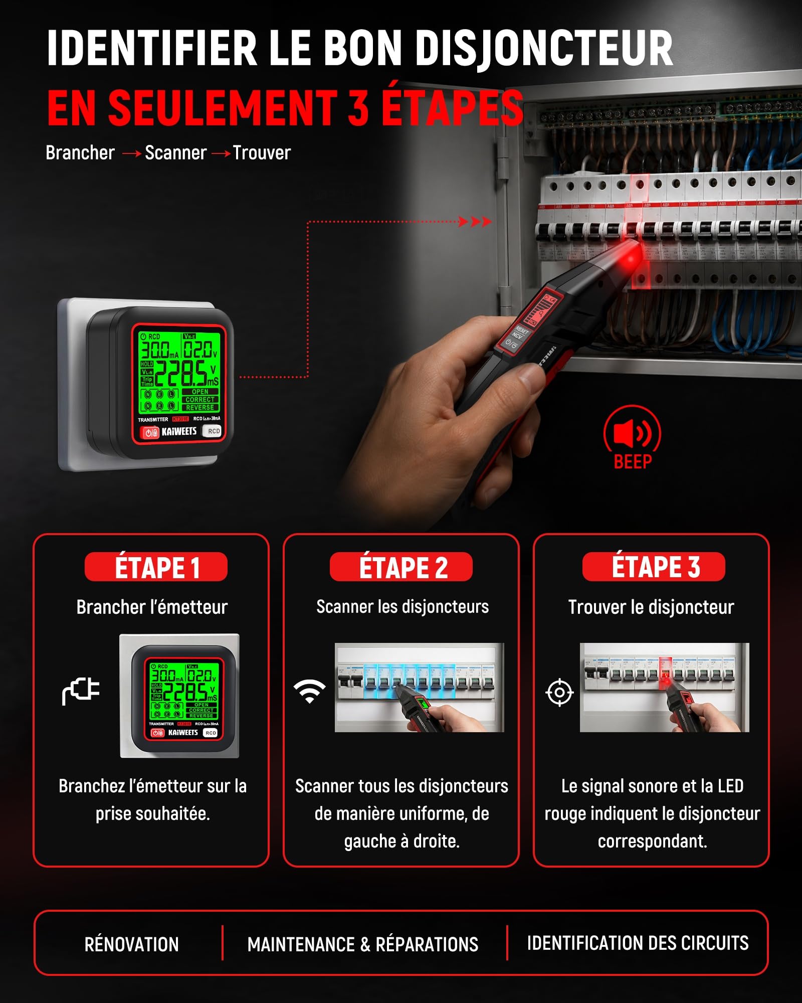 Localisateur de disjoncteur KAIWEETS avec écran LCD rétroéclairé – vue 3