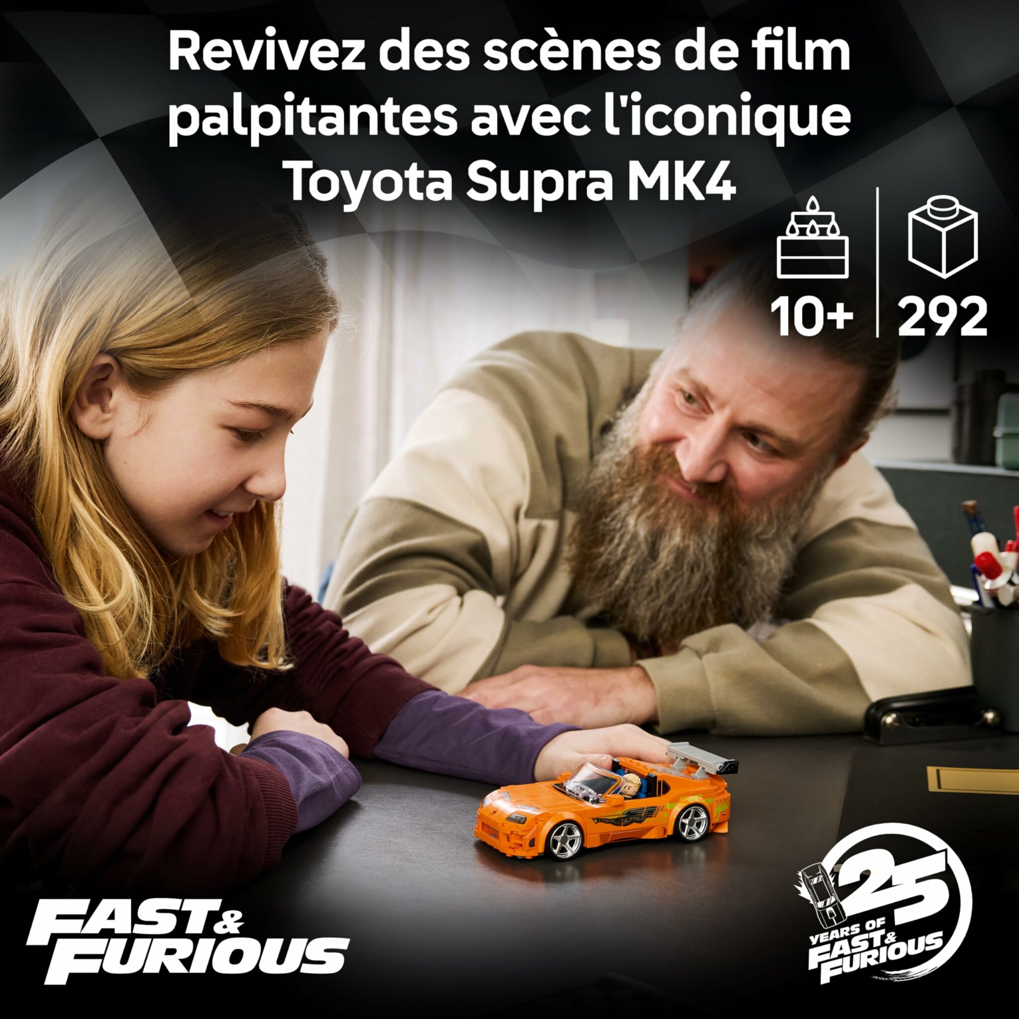 Maquette LEGO Toyota Supra Fast and Furious orange avec figurine – vue 2