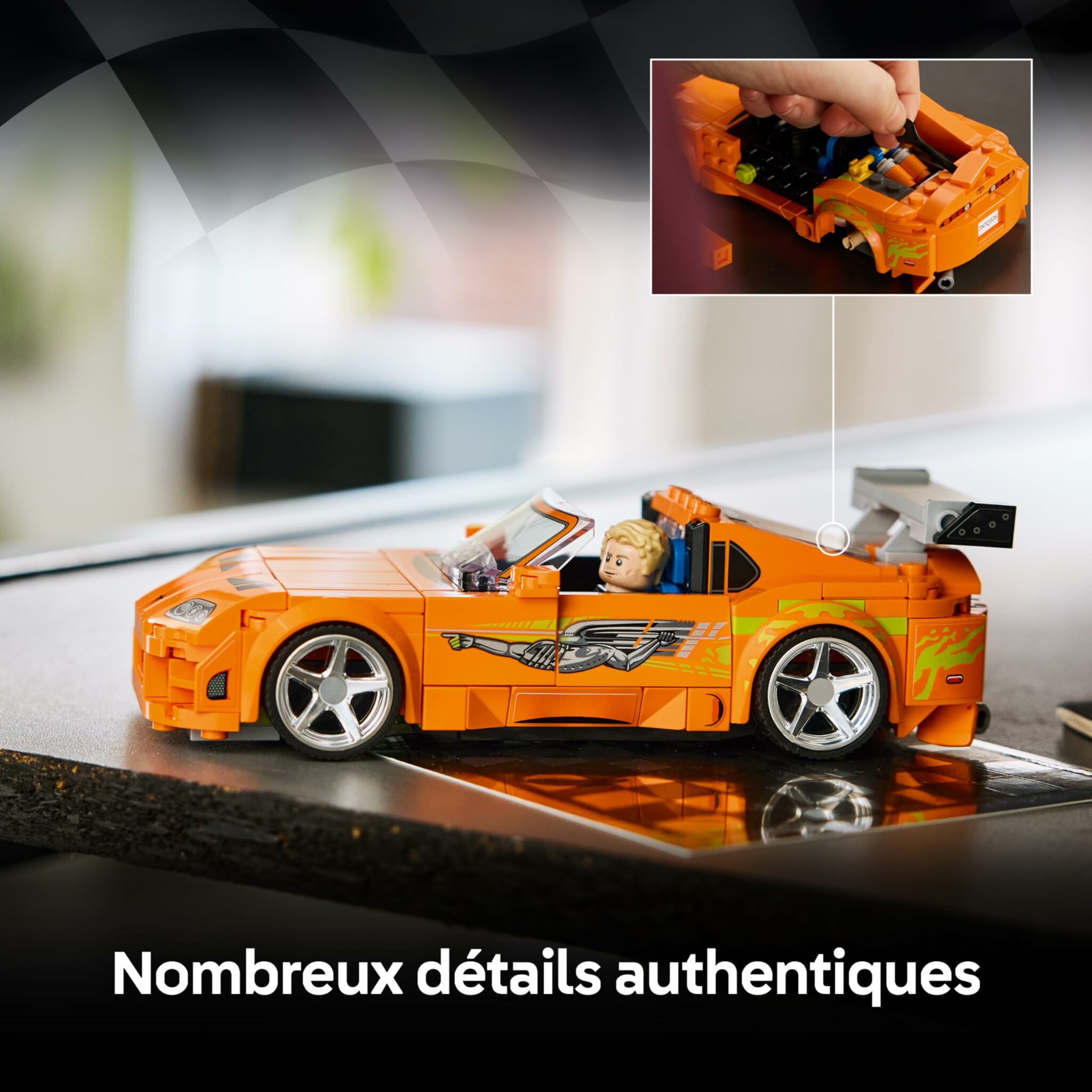 Maquette LEGO Toyota Supra Fast and Furious orange avec figurine – vue 3
