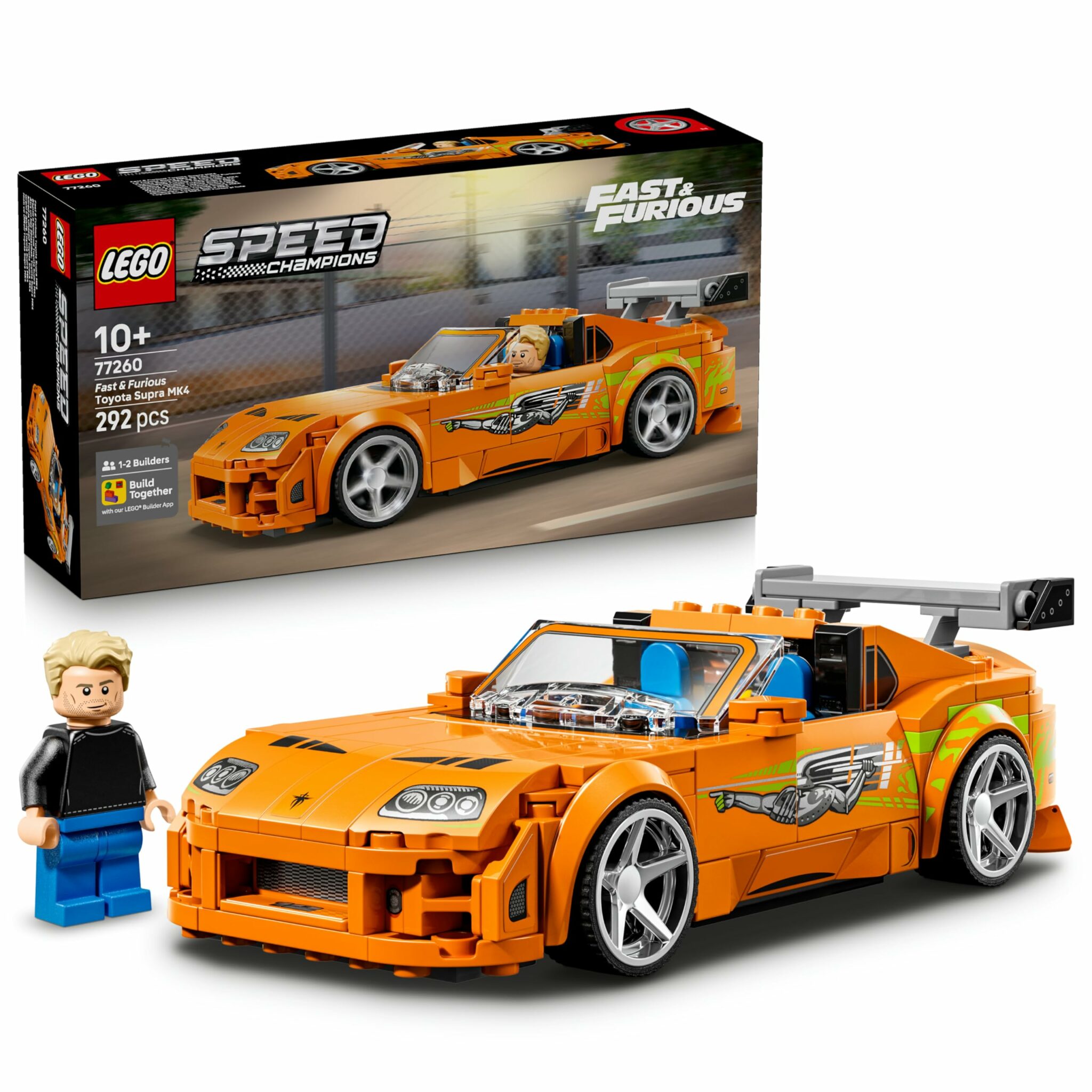Maquette LEGO Toyota Supra Fast and Furious orange avec figurine