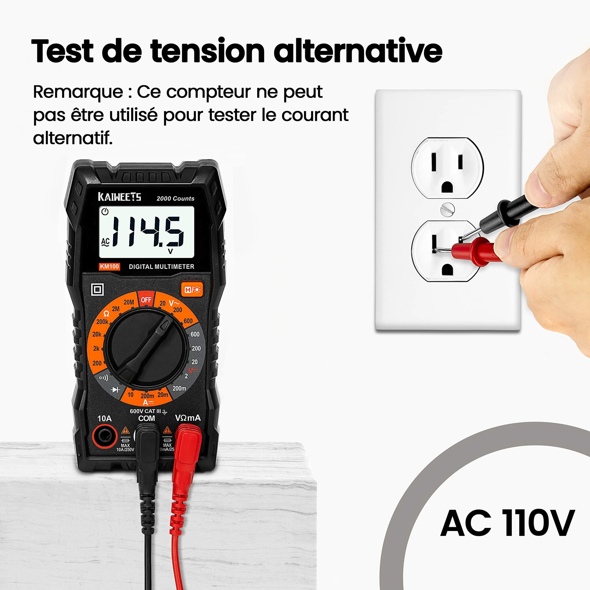 Multimètre numérique KAIWEETS noir avec écran rétroéclairé pour contrôle électrique – vue 2