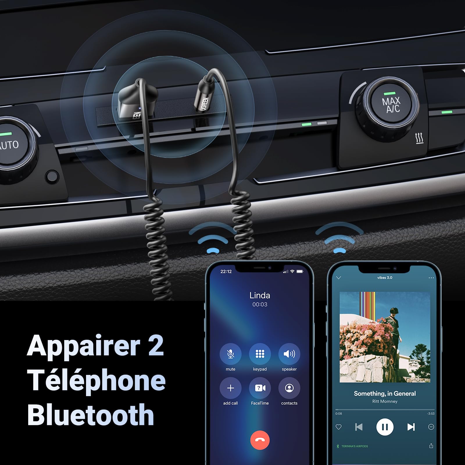 Adaptateur et récepteur bluetooth voiture UGREEN gris foncé – vue 5