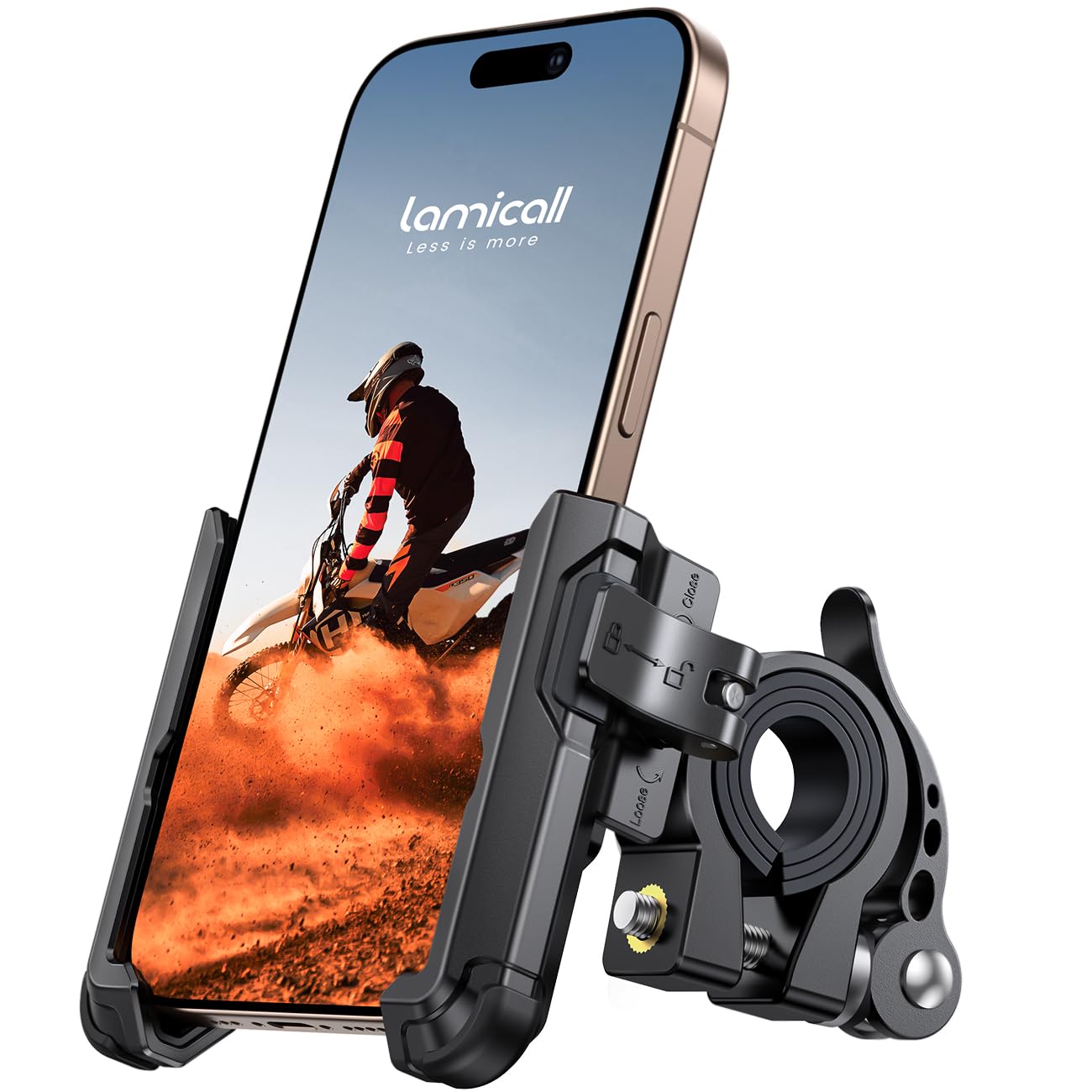 Support téléphone vélo moto Lamicall noir fixé sur un guidon