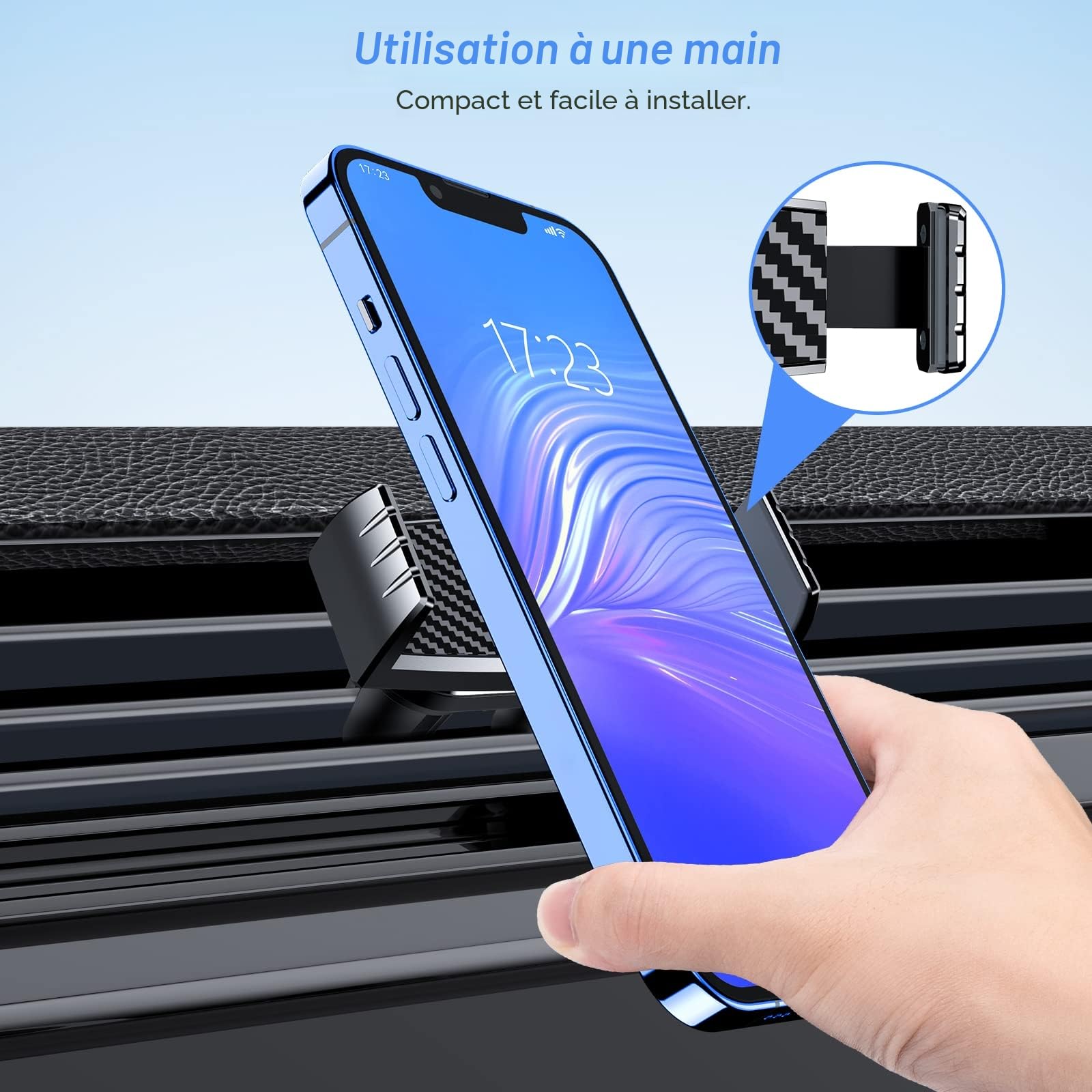 Support téléphone voiture Blukar fixé sur une grille d aération – vue 2