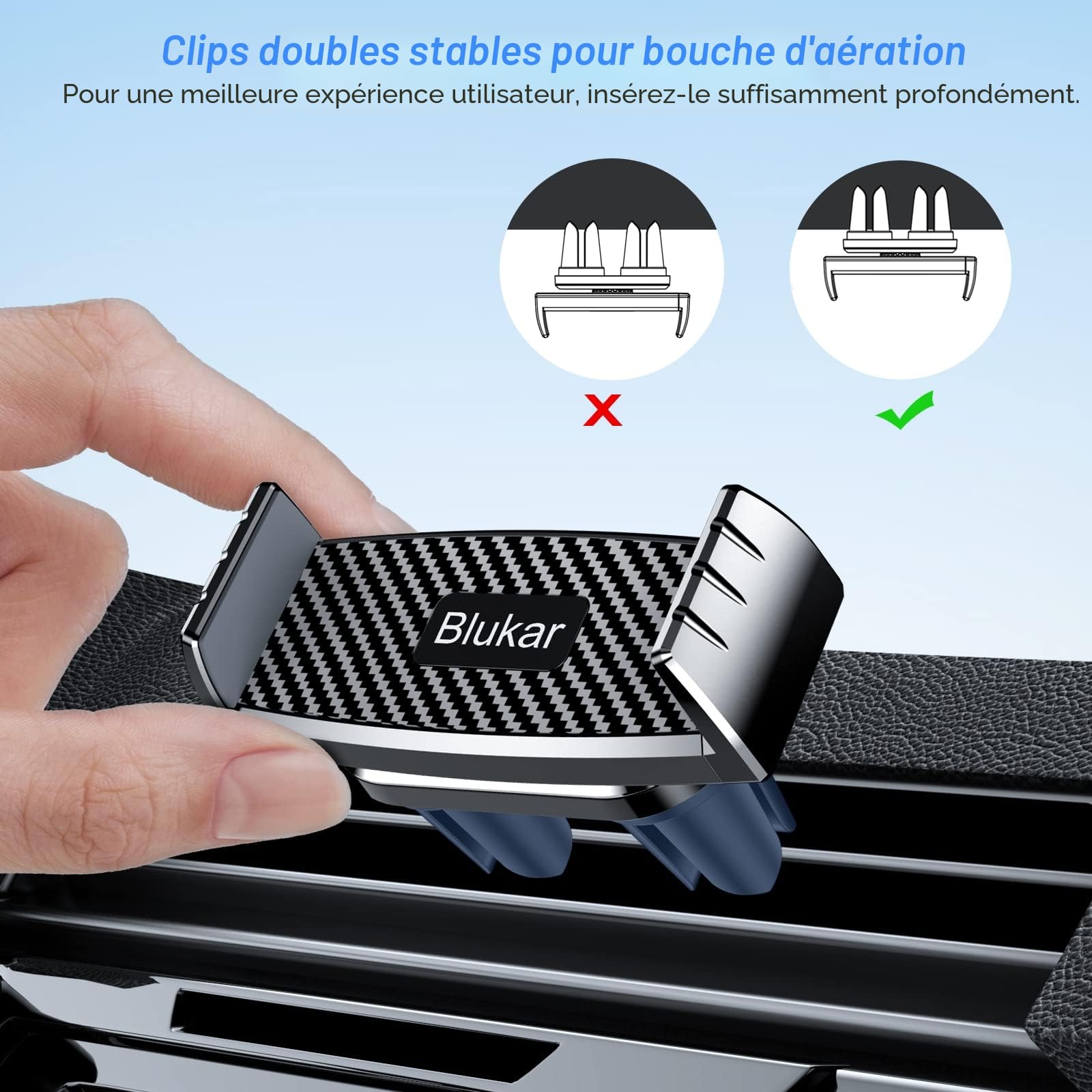 Support téléphone voiture Blukar fixé sur une grille d aération – vue 4