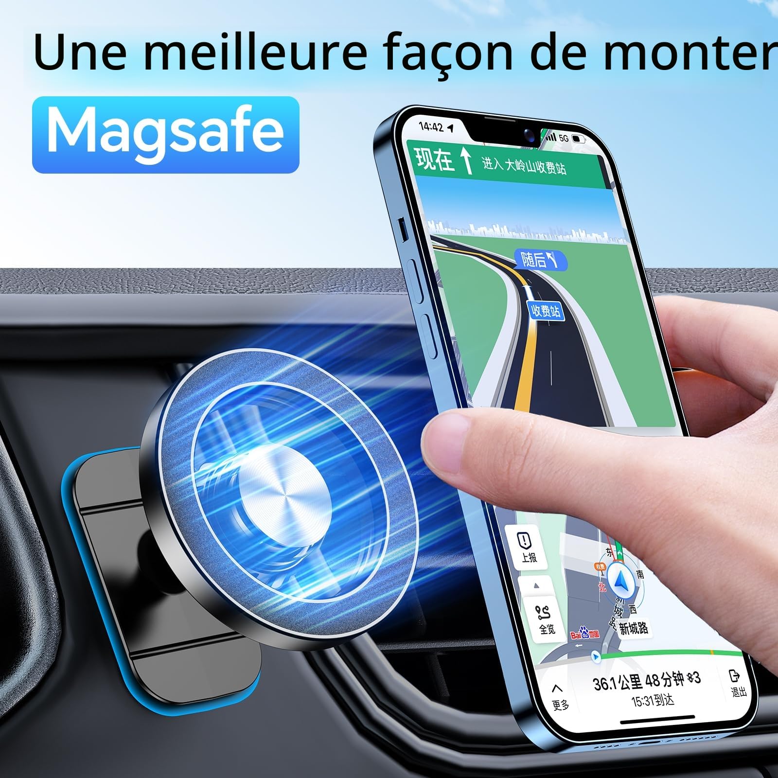 Support téléphone voiture Magsafe Coolpow fixé sur grille de ventilation – vue 5