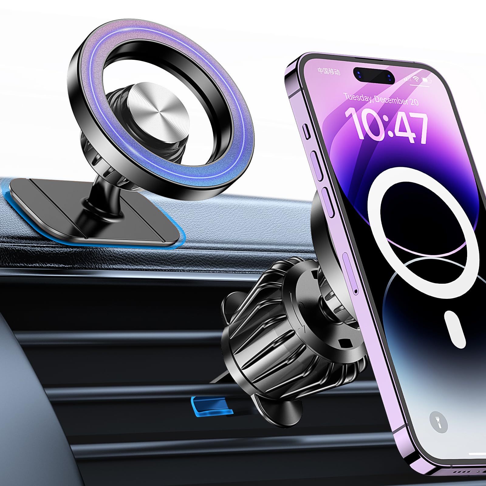 Support téléphone voiture Magsafe Coolpow fixé sur grille de ventilation