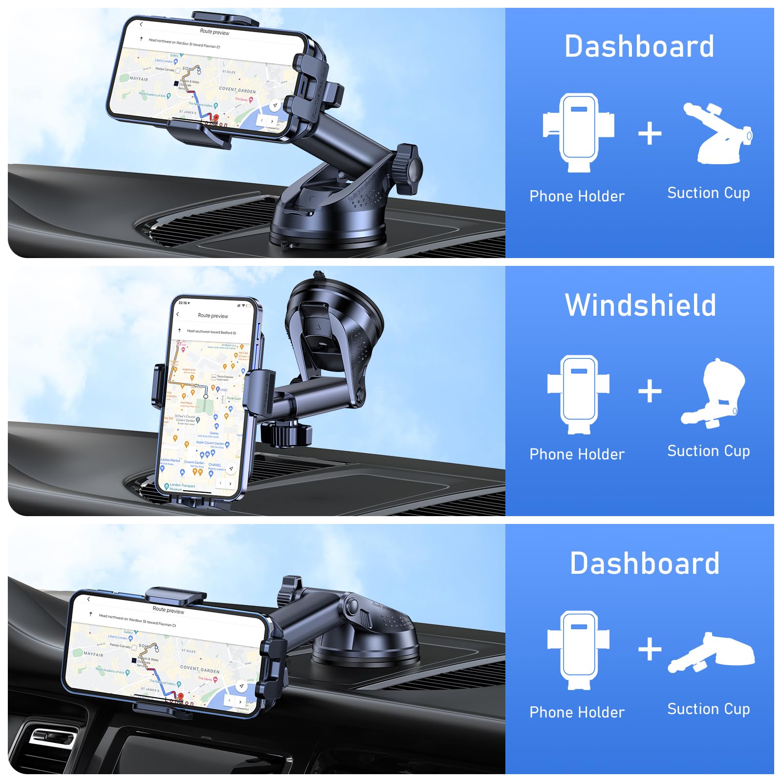 Support téléphone voiture ventouse Blukar installé sur un tableau de bord – vue 2
