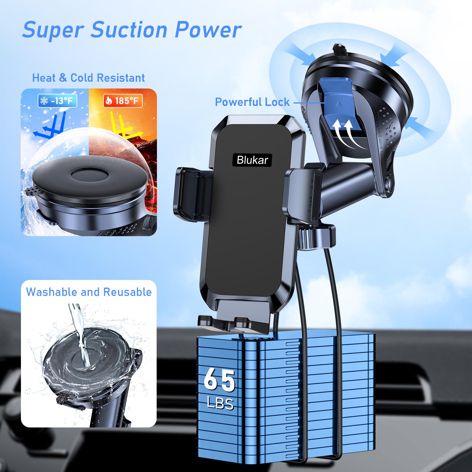 Support téléphone voiture ventouse Blukar installé sur un tableau de bord – vue 3