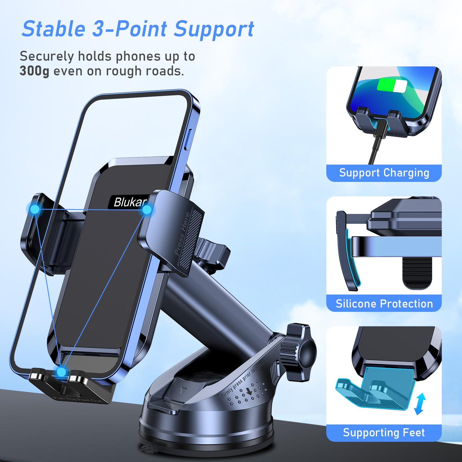 Support téléphone voiture ventouse Blukar installé sur un tableau de bord – vue 4