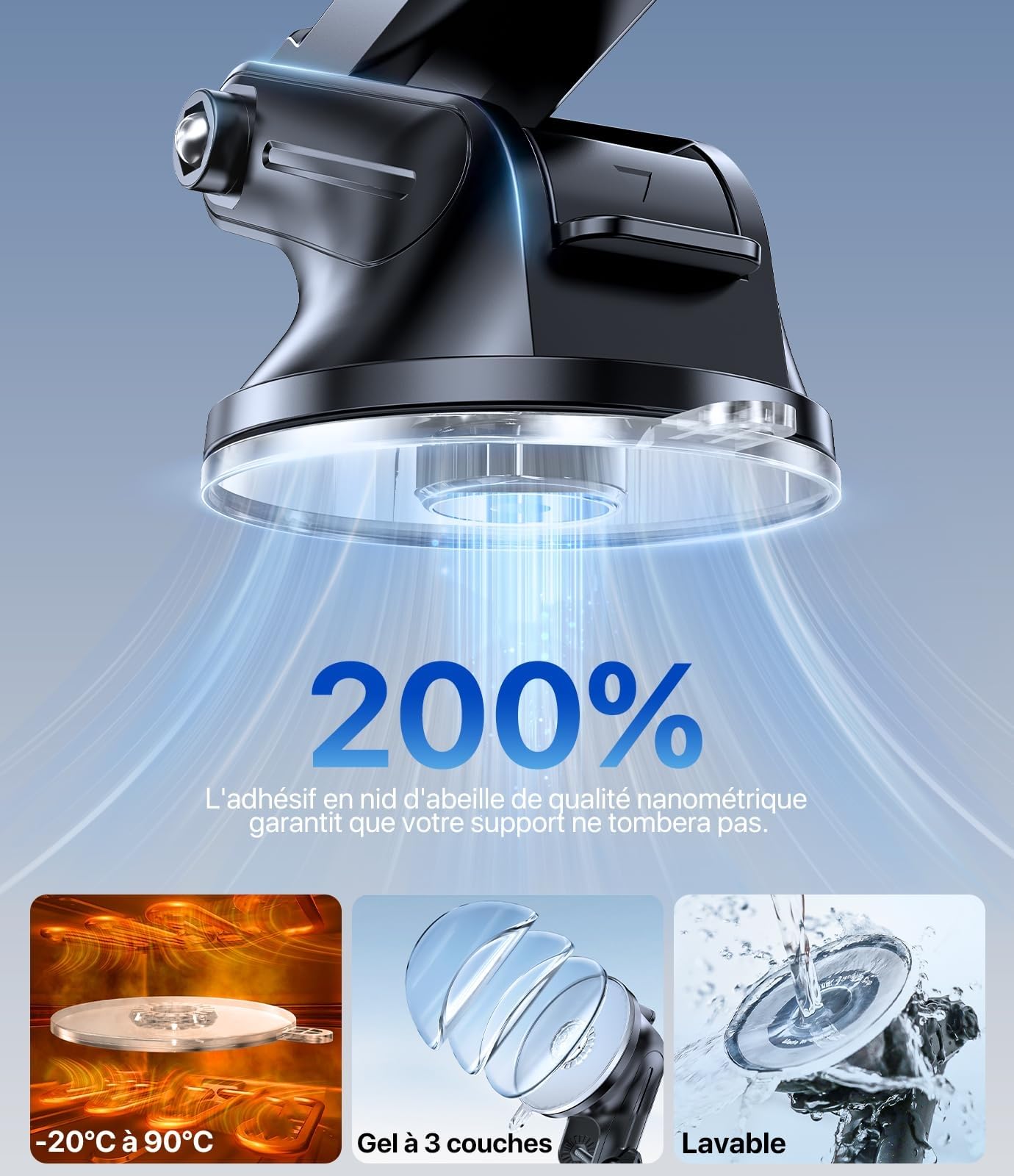 Support téléphone voiture ventouse Miracase noir pour tableau de bord – vue 3