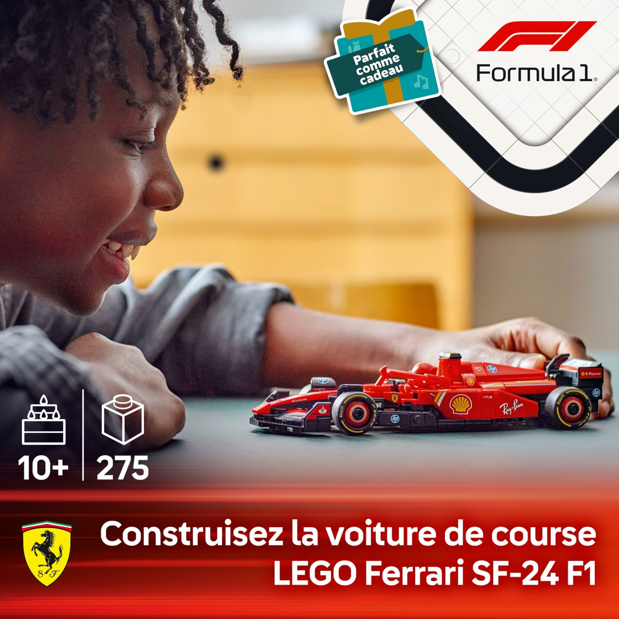 Maquette de la voiture LEGO F1 Ferrari SF-24 Speed Champions avec son pilote – vue 2