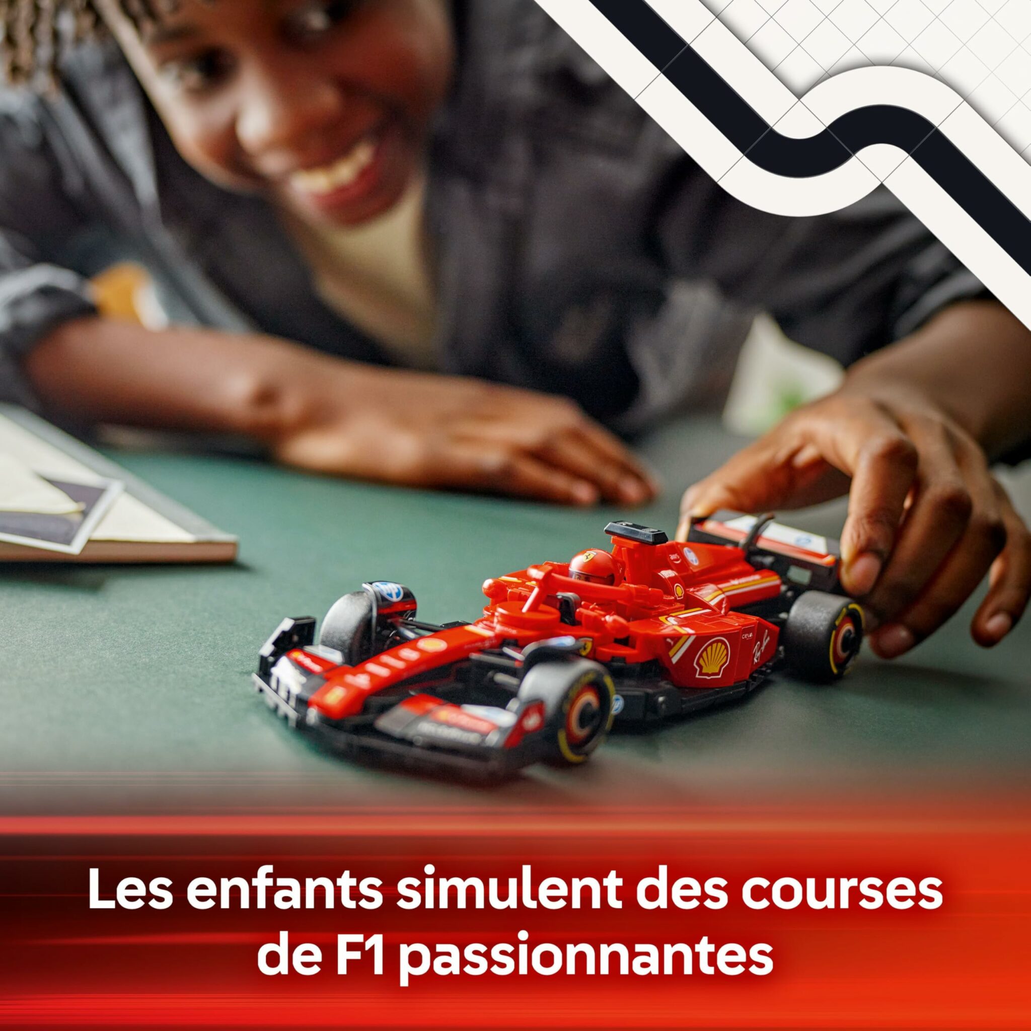 Maquette de la voiture LEGO F1 Ferrari SF-24 Speed Champions avec son pilote – vue 3