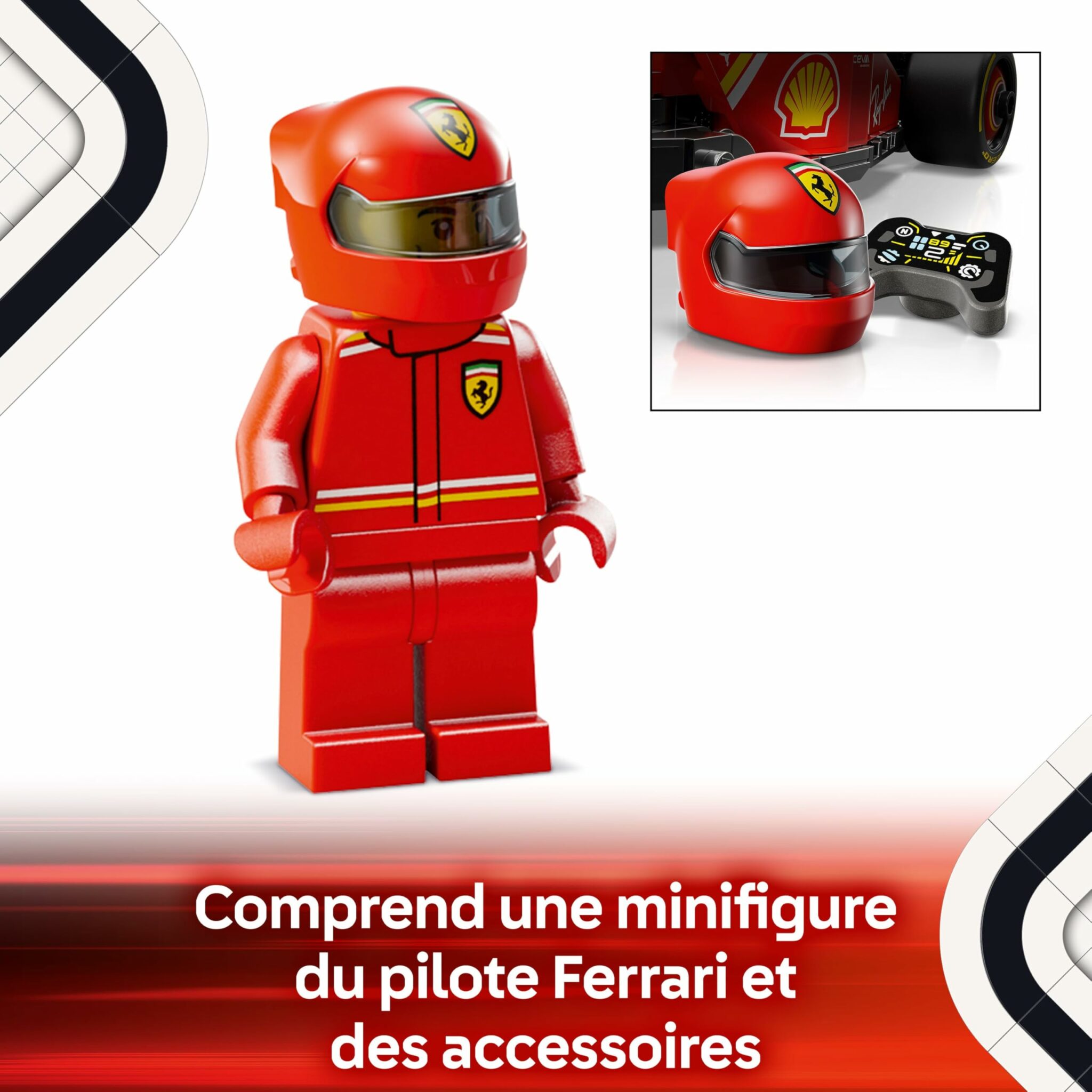 Maquette de la voiture LEGO F1 Ferrari SF-24 Speed Champions avec son pilote – vue 4