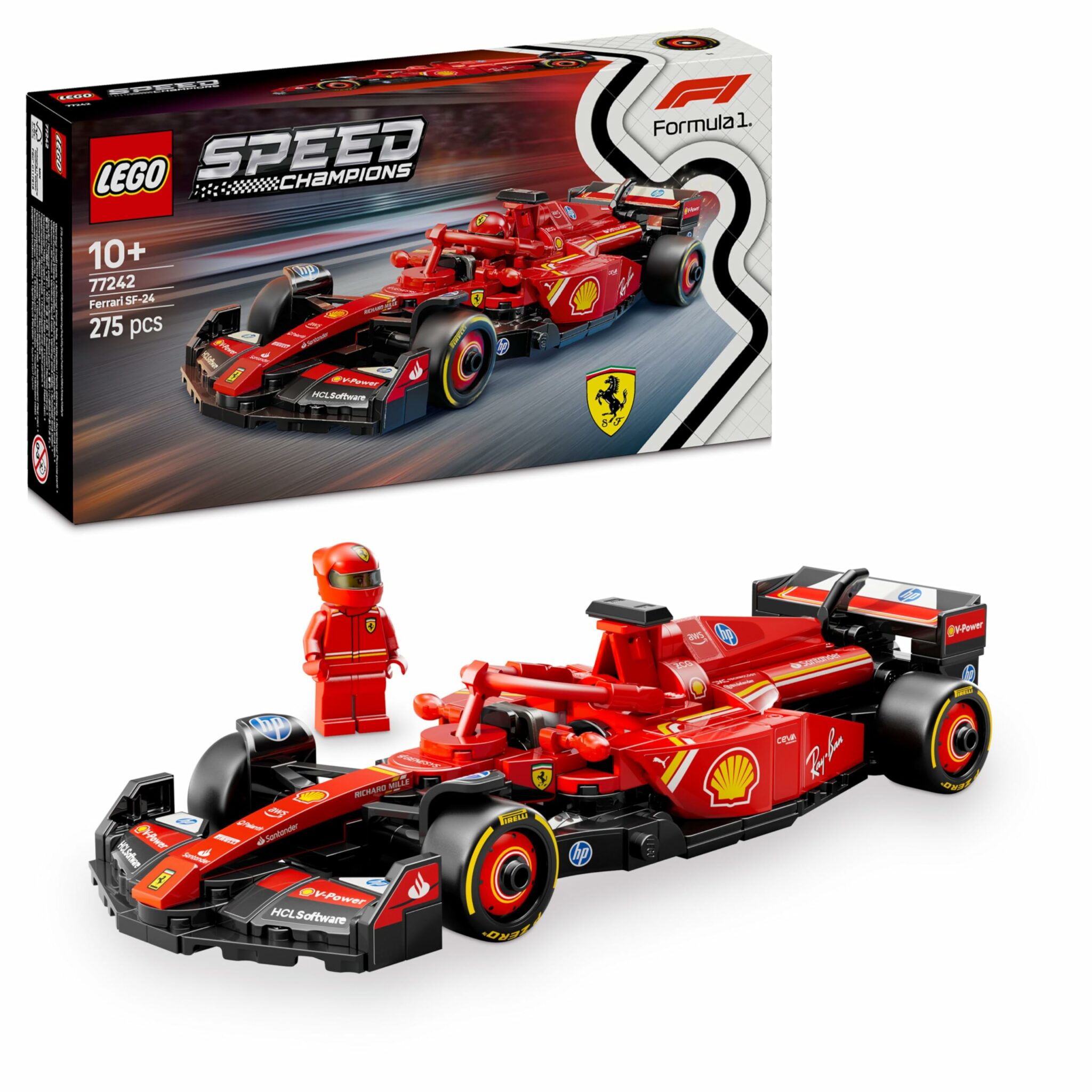 Maquette de la voiture LEGO F1 Ferrari SF-24 Speed Champions avec son pilote