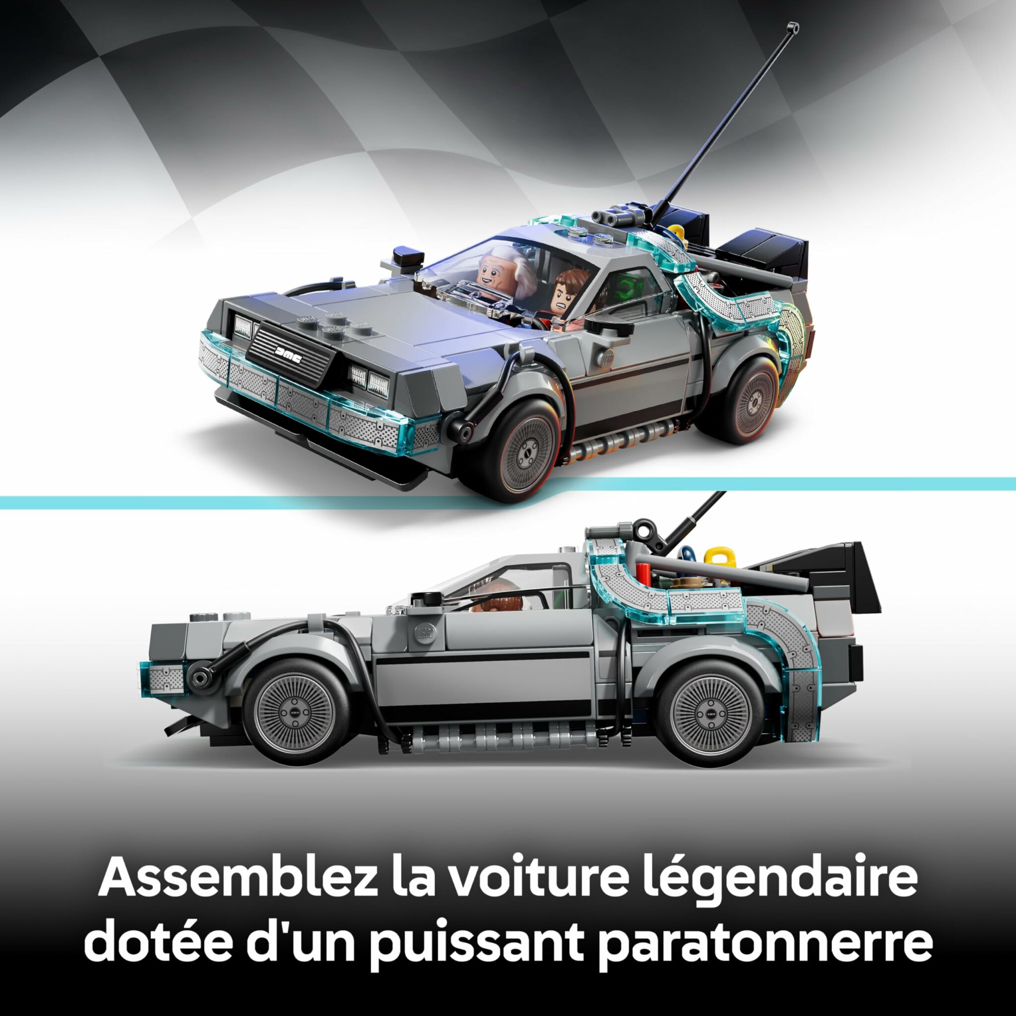 Maquette de voiture LEGO Retour vers le futur avec figurines Doc et Marty – vue 3